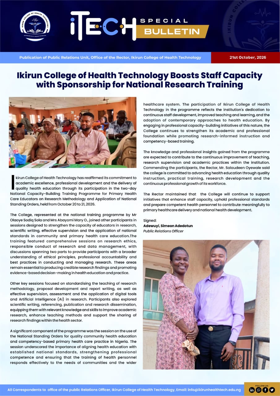Ikirun College of Health Technology Boosts Staff Capacity with Sponsorship for National Research Training