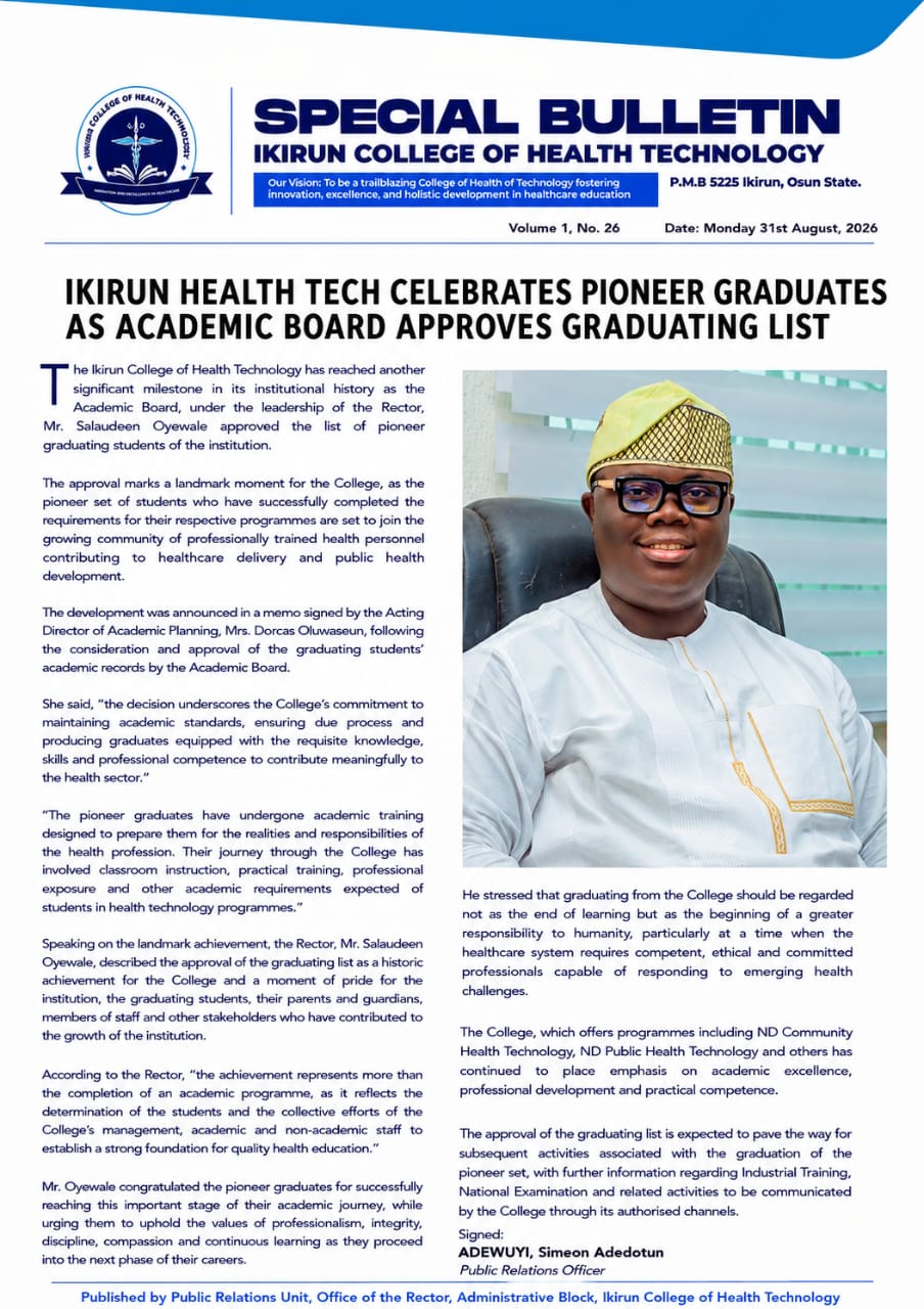 Ikirun Health Tech Celebrates Pioneer Graduates as Academic Board Approves Graduating List